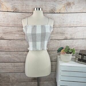 Lou & Grey Womens Gray & White‎ Plaid Smocked Crop Top Petite LP